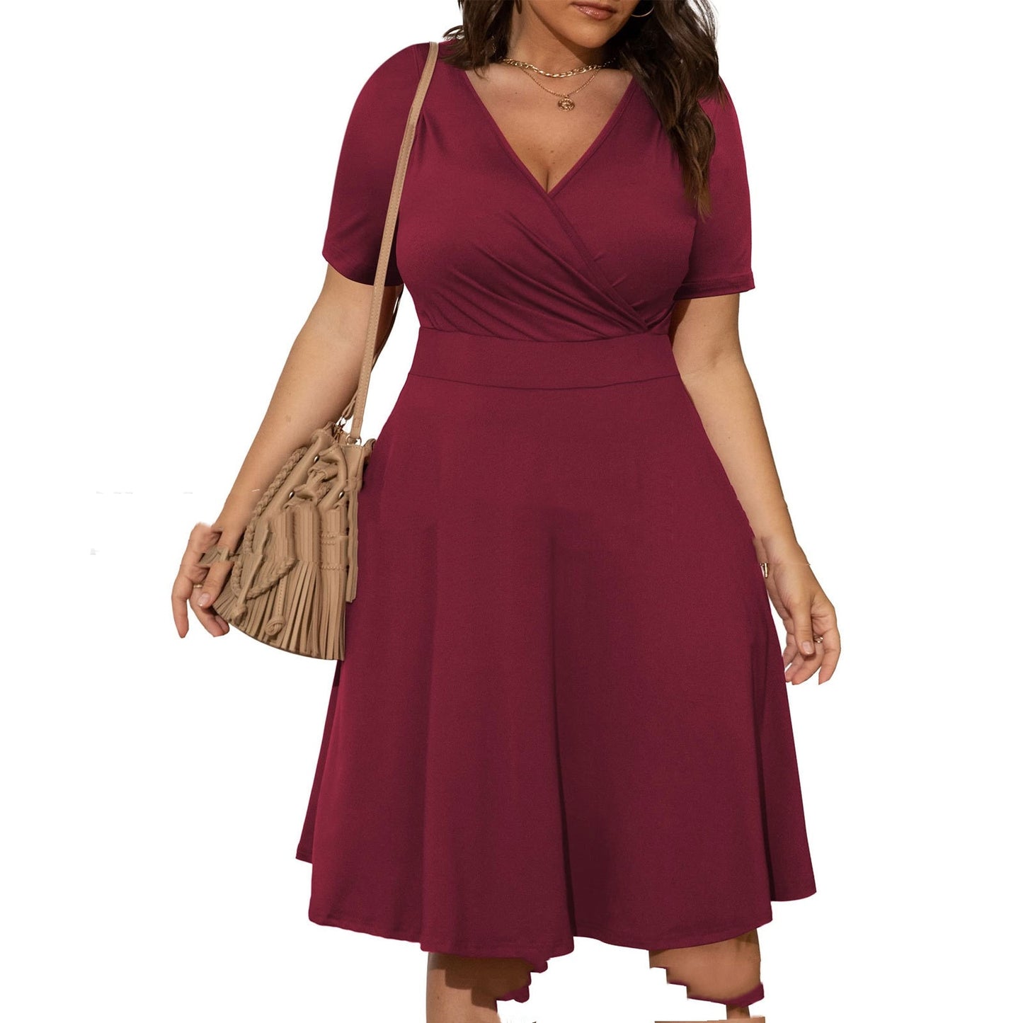 Plus Size Solid Color And V-neck Fashion Casual Fat Woman Commuter Short Sleeve