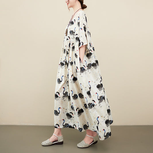 Abito da donna a maniche corte con figura di cigno, sciolto, sottile e traspirante, stile rinascimentale