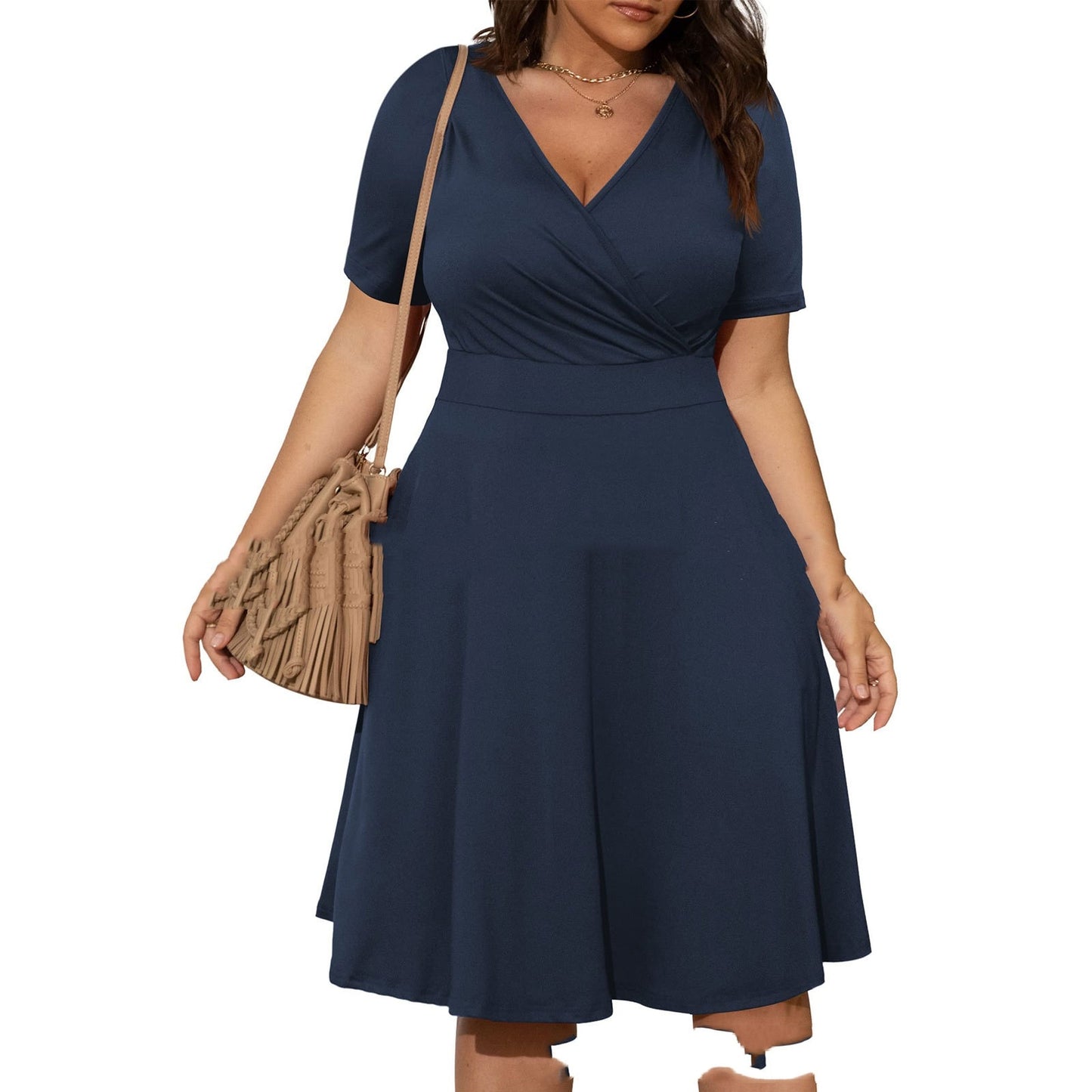 Plus Size Solid Color And V-neck Fashion Casual Fat Woman Commuter Short Sleeve