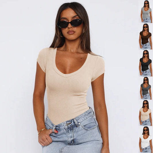 Maglietta aderente con motivo a spirale alla moda, estiva, tinta unita, sexy, a maniche corte, per abbigliamento da donna