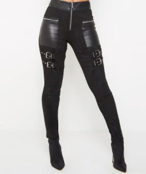 Women's Black Stitching Leather Zipper Trousers