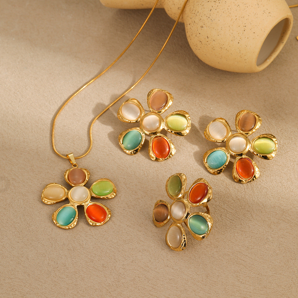 Colorful Opal Hammered Flower Earrings Suit