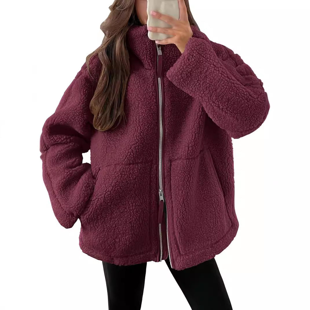 Fashion Solid Fleece Jacket Fall Spring Long Sleeve Women's Clothing