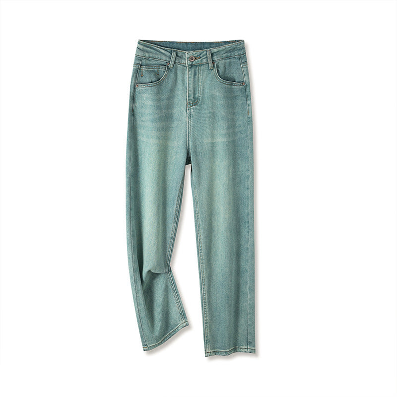 Jeans dritti ricamati cropped verde menta da donna