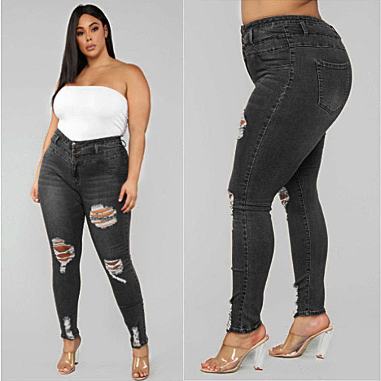 Zerrissene Fat Jeans mit hoher Taille und großen Größen