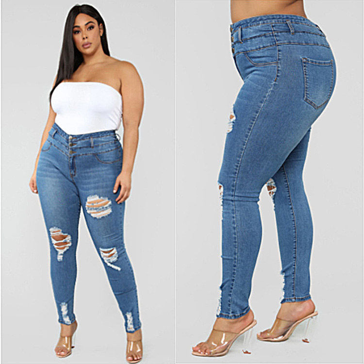 Zerrissene Fat Jeans mit hoher Taille und großen Größen