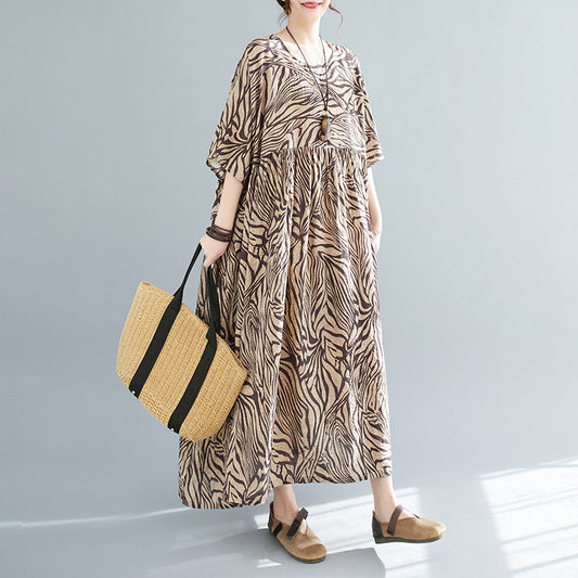 Artistic Oversized Loose-fitting Pattern Print Short Sleeve Swing Dress For Women