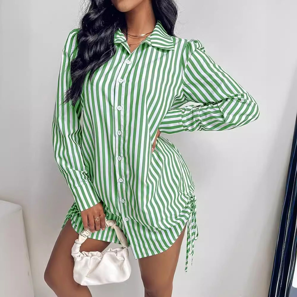 Abito-camicia a righe a contrasto di colore, a maniche lunghe, con risvolto, da donna