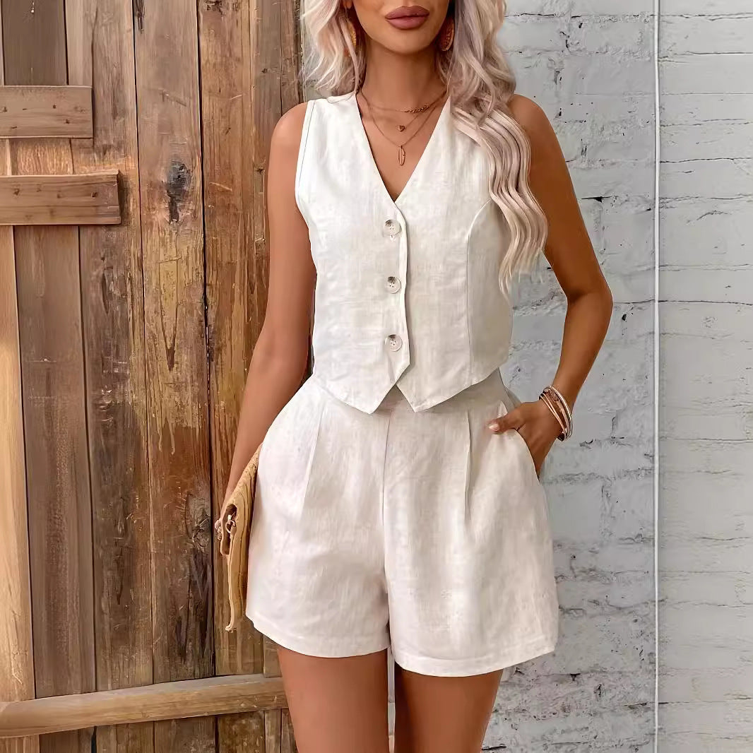Set di pantaloncini casual in tinta unita in stile francese da donna