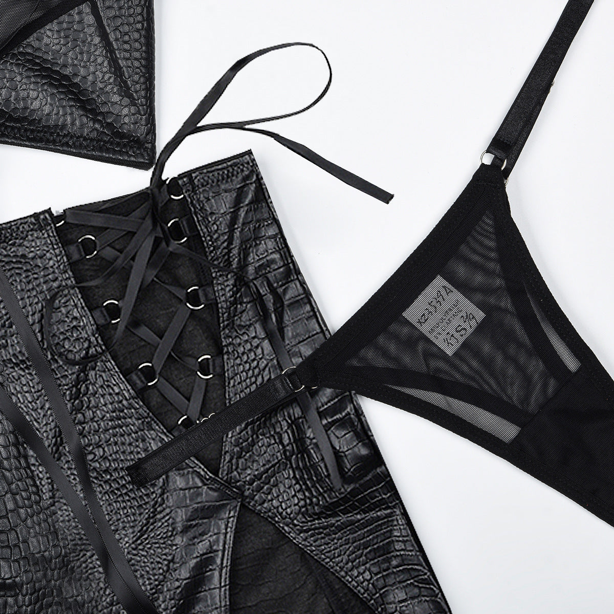 Tuta intima con lacci incrociati in rete con cuciture in pelle di alta qualità