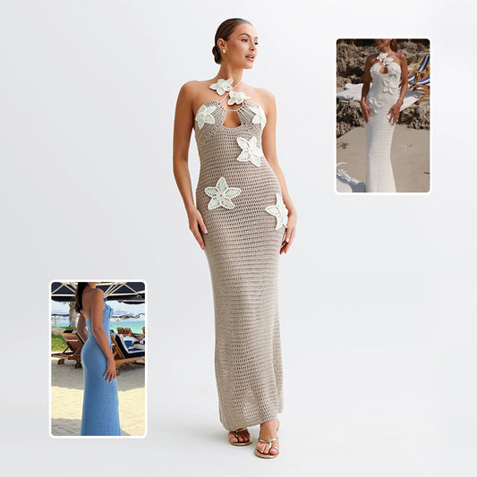 Abito aderente con scollo all'americana e stelle, estivo, sexy, da spiaggia, lungo, abbigliamento da donna