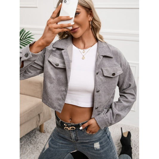 Cardigan corto con bottone e clip da tasca casual in velluto a coste alla moda