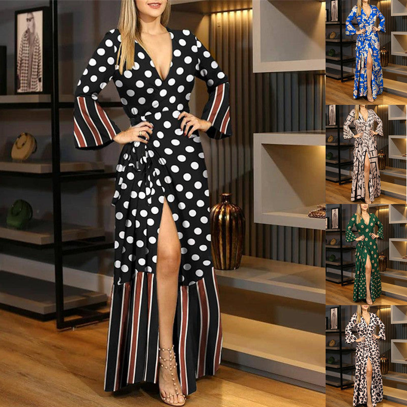 Spring And Summer European And American Long-sleeved Lace-up V-neck Print Dress