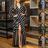 Spring And Summer European And American Long-sleeved Lace-up V-neck Print Dress