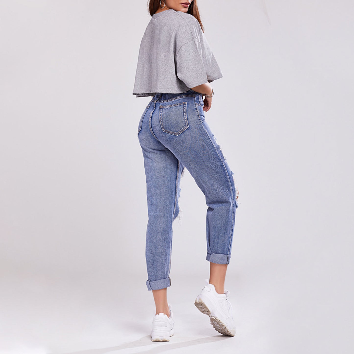 Pantaloni da donna a vita alta con fori per sollevare i glutei, pantaloni casual in denim a gamba dritta