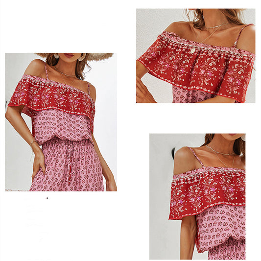 Tuta lunga casual da donna con pannello stampato rosso