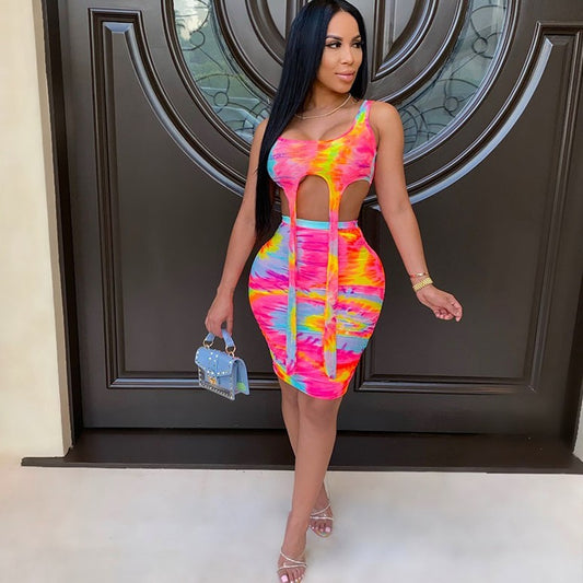 Completo due pezzi con gonna e gilet casual con stampa tie-dye