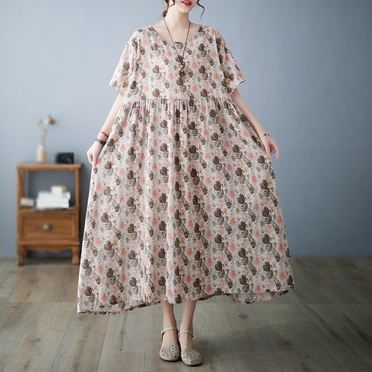 Literatur und Kunst Baumwolle und Hanf Druck Fat MM Lose Rundhals Kurzarm Kleid für Frauen