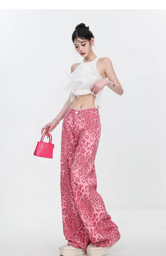 Jeans leopardati Pantaloni larghi e dritti sottili da donna
