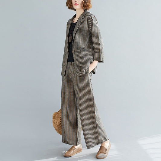 Fashion Casual Cotton And Linen Stripes Suit Top Wide Leg Pants Elegant Women's Suit