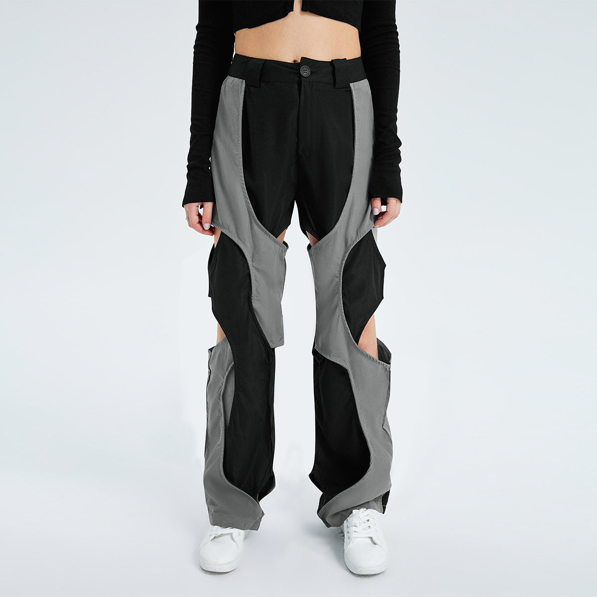 Pantaloni sportivi allacciati a vita alta con contrasto di colore e larghi pantaloni casual in tessuto