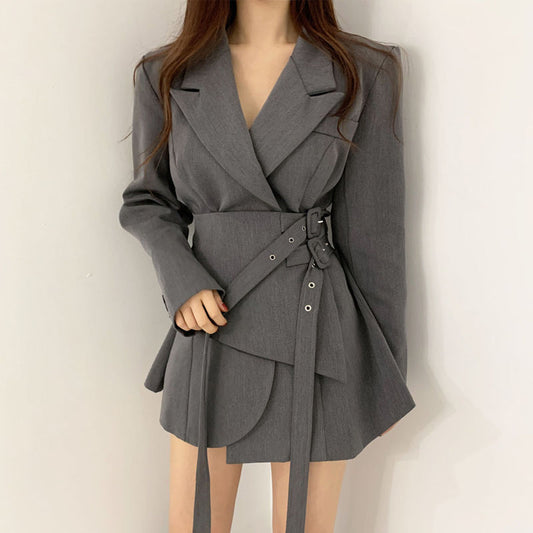New Adjustable Double Belt Coat Female Slimming False Two-piece Skirt Suit