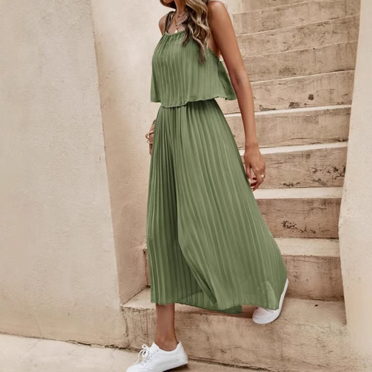 One-Piece Outfit Beach Style Striped Wide Leg Trousers Casual Suit