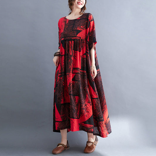 Abito a trapezio a maniche corte traspirante stampato anti-invecchiamento retrò per le donne