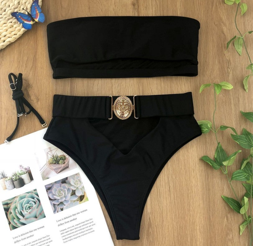 Ladies split swimsuit with metal buckle