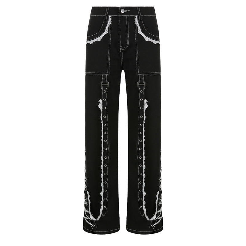 Women's Wide Leg Stitching Lace Lace Wash Denim Trousers