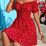 Holiday Off Shoulder Ruffle Trim High Waist Beach Dress For Women