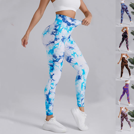 Pantaloni da yoga con stampa tie-dye, alla moda, senza cuciture, a vita alta, con sollevamento dei fianchi