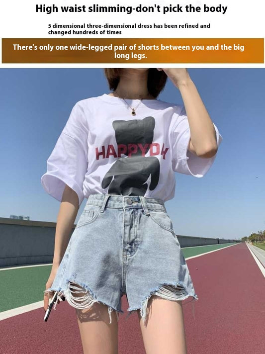 Bedruckte, lockere, zerrissene Jeansshorts für Damen in Übergröße mit hoher Taille