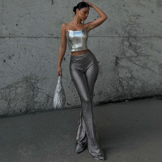 Pantaloni bootleg casual lucidi a quadri argento caldo elasticizzati a vita alta da donna