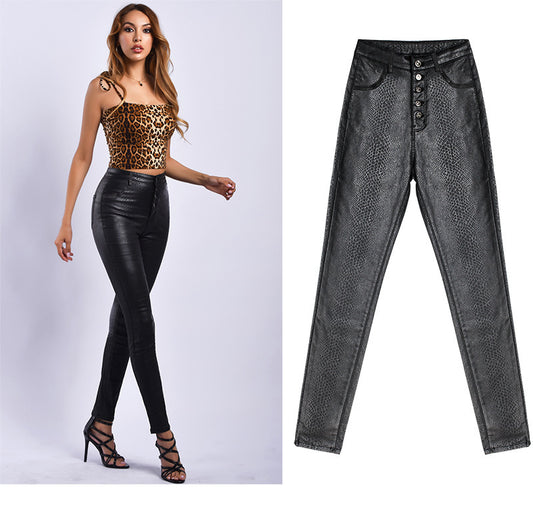 Schwarze PU-Hose aus Kunstleder mit hoher Taille und Samtpolsterung