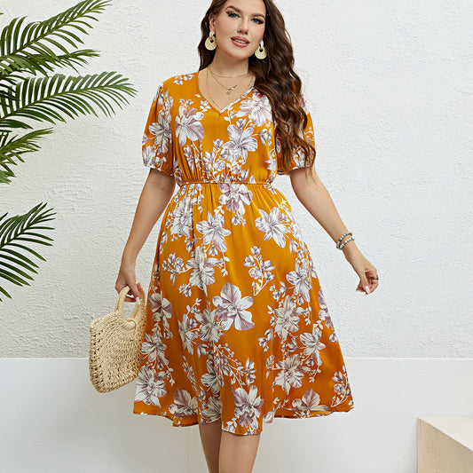 Yellow Printings Waist Slimming Dress Women