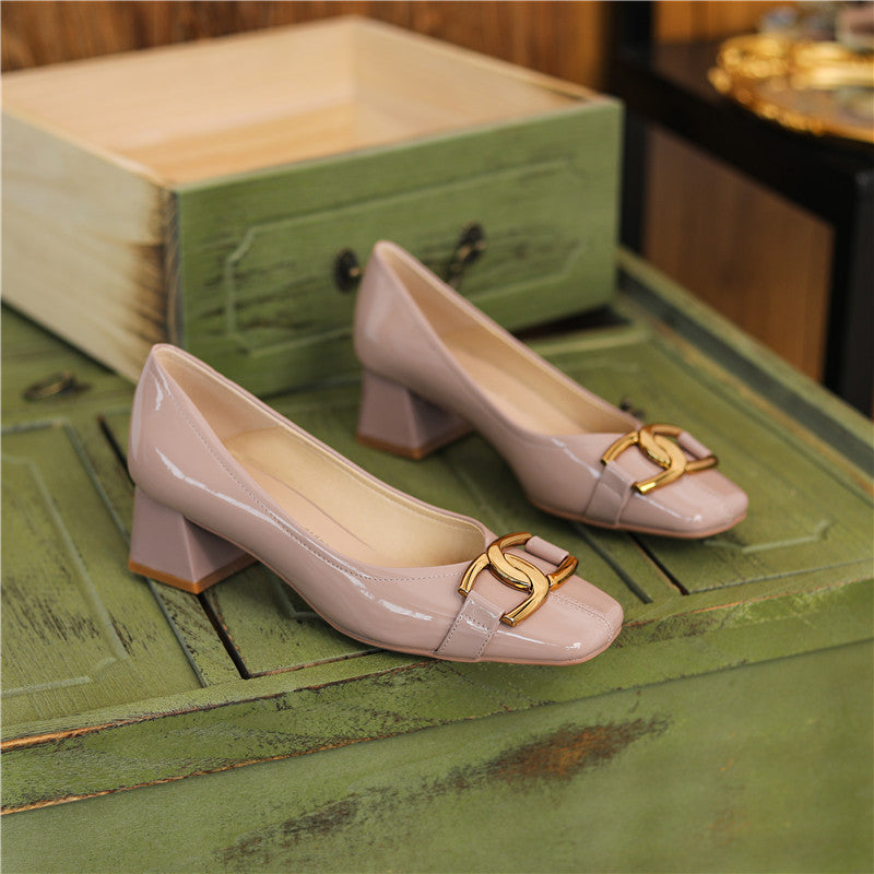Sheepskin Square Toe High Heels Women's Thick Heel Patent Leather Metal