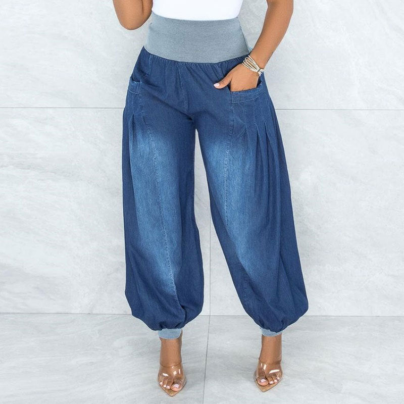 Sommer Dünne Lose Weite Bein Hosen Harem Hosen Elastische Taille Denim Hosen Frauen