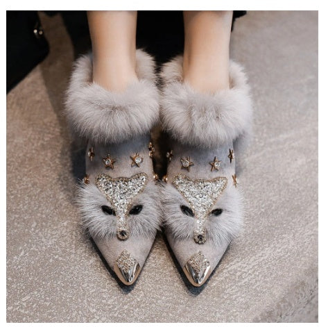 Plus Fleece Pointed Toe Thick Mid High Heel Boots