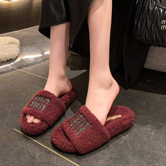 Pantofole rosse soffici da donna in pelle scamosciata spessa e cotone