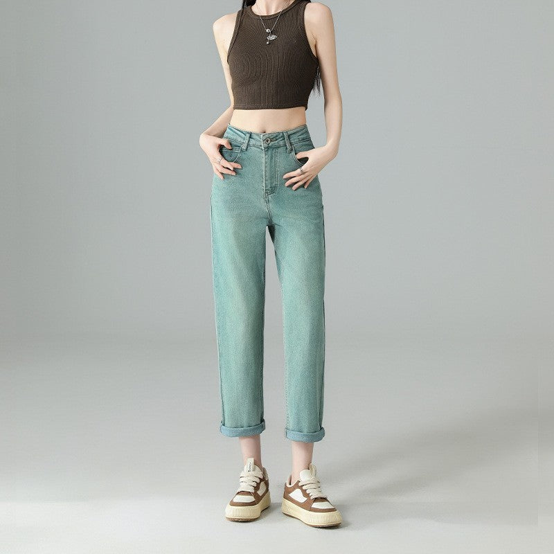 Jeans dritti ricamati cropped verde menta da donna