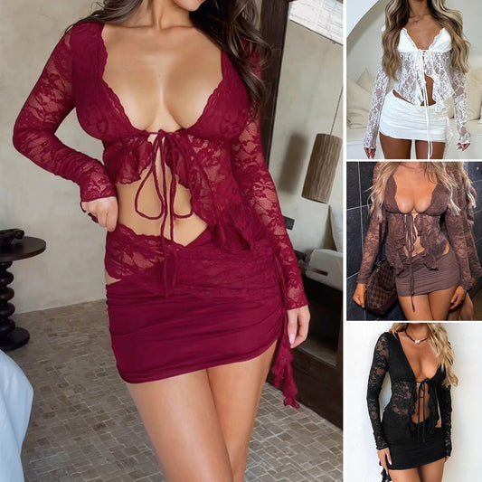 Cardigan con spacco e pizzo trasparente, manica lunga, da donna