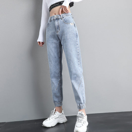 Jeans alla caviglia con fascia da strada da donna, alla moda coreana, larghi