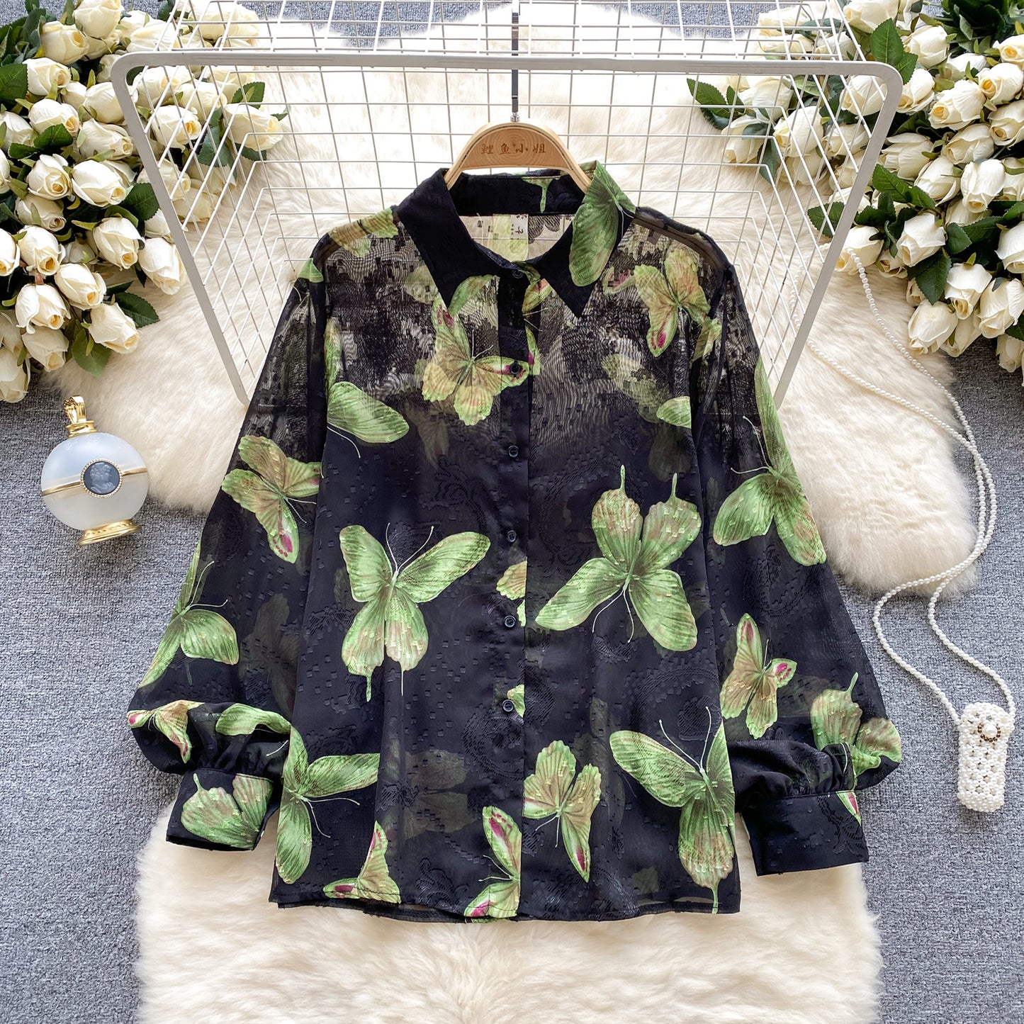 Camicia floreale in tulle retrò francese per donna estate