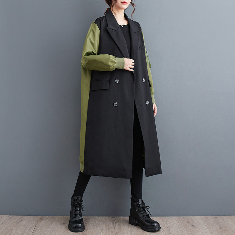 Trench cardigan con colletto a doppio strato, coordinato con i colori, per il tempo libero e il temperamento