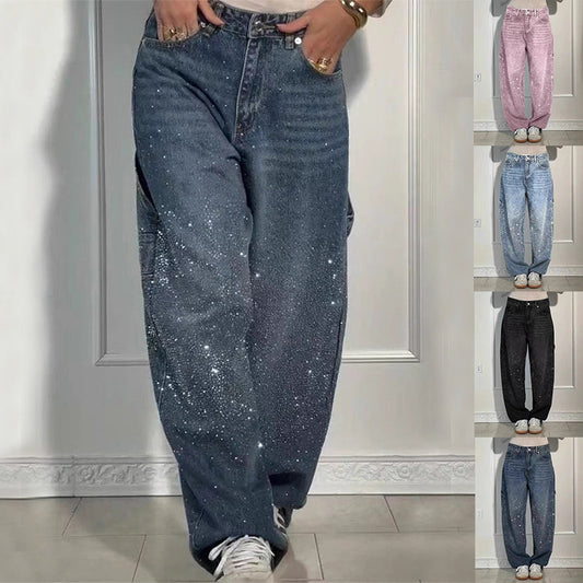 Jeans dritti lucidi Ins con tasche, pantaloni larghi alla moda per le donne, pantaloni in stile street