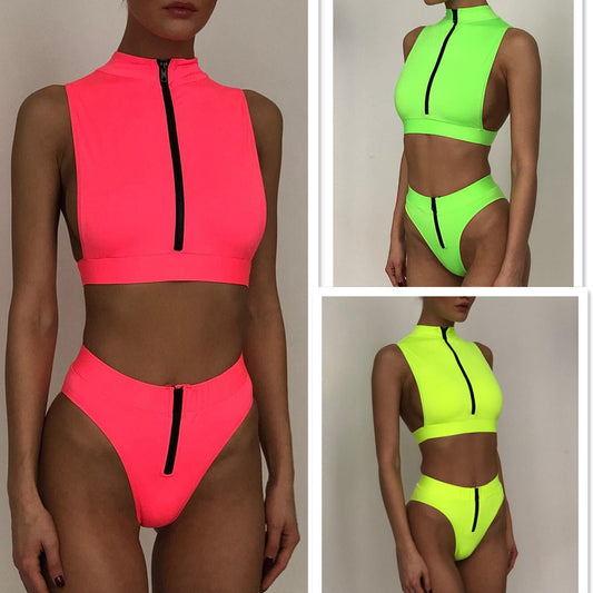 Nuovo costume da bagno fluorescente, costume da bagno bikini tinta unita