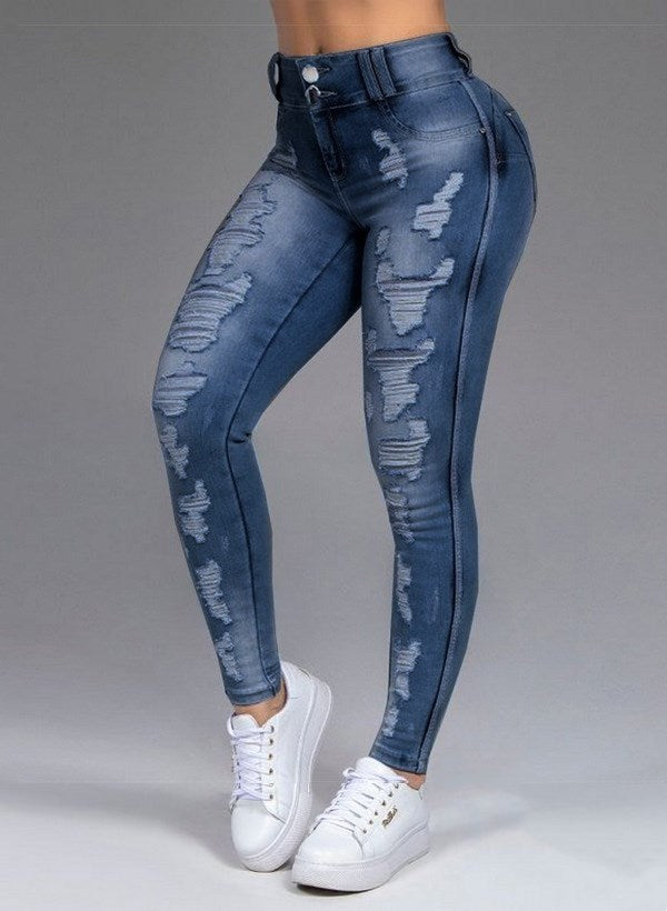 Modische zerrissene Skinny-Feet-Jeans mit hoher Taille für Damen