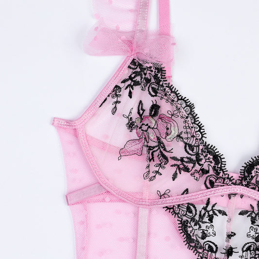 Süßes Mädchen Pure Desire Sexy Unterwäsche Stickerei Nähte Polka Dot Mesh Overall