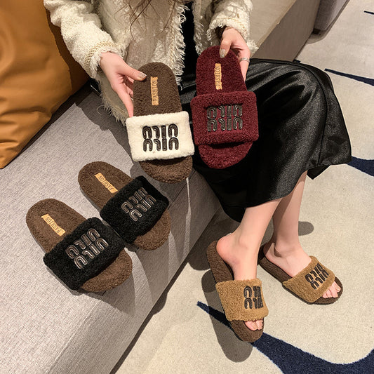 Pantofole rosse soffici da donna in pelle scamosciata spessa e cotone